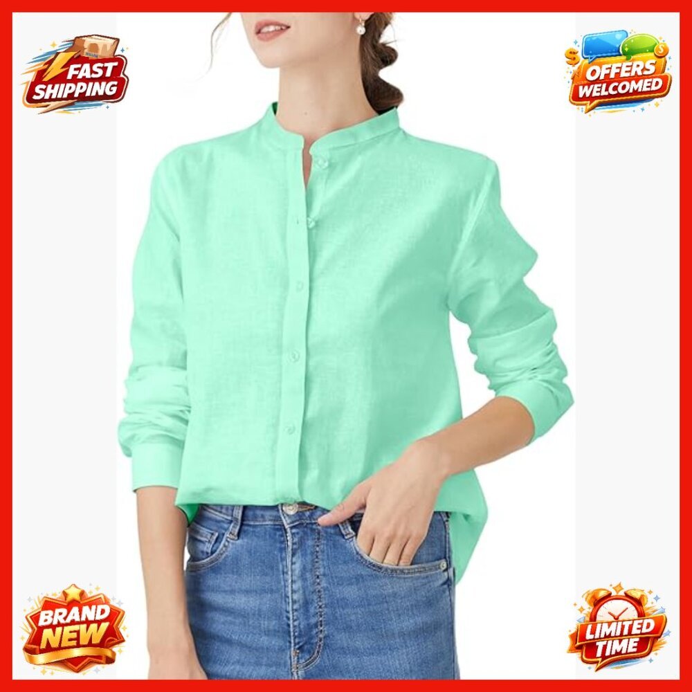 Regular Fit Cotton Mandarin Collar Button Down Shirt Long Sleeve Blouse